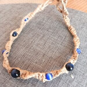 Hemp Macrame Anklet Blue Glass Beads - New Item (up to 10")